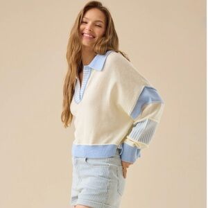 Altar’d State Cream & Blue Mixed-Media Knit Collared Top | Size XS